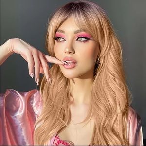 Ombre Brown Blonde Natural Wave Hair Wigs With Bangs